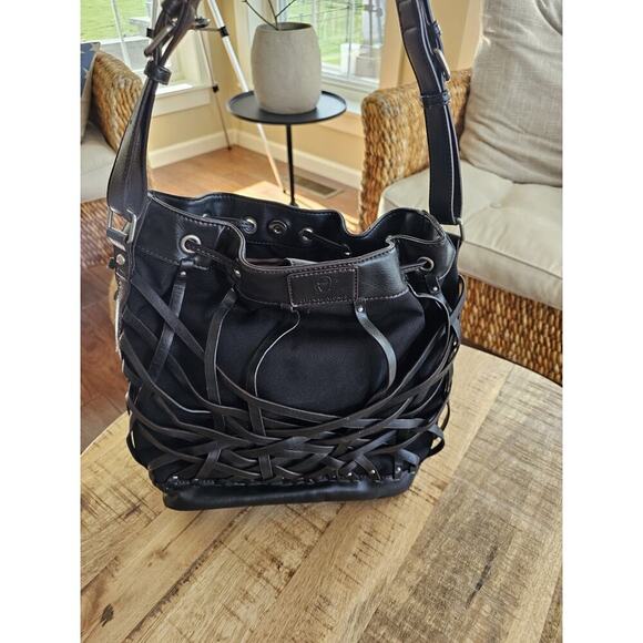 Etienne Aigner Black Vegan Leather Basket Weave Drawstring Hobo Bag Moto - Picture 5 of 11